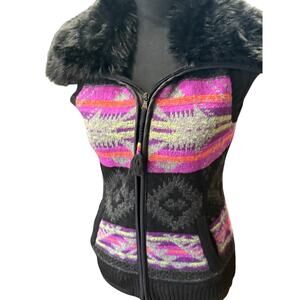 Ralph Lauren Size Small  Southwestern Wool Vest Faux Fur Collar Geometric Design